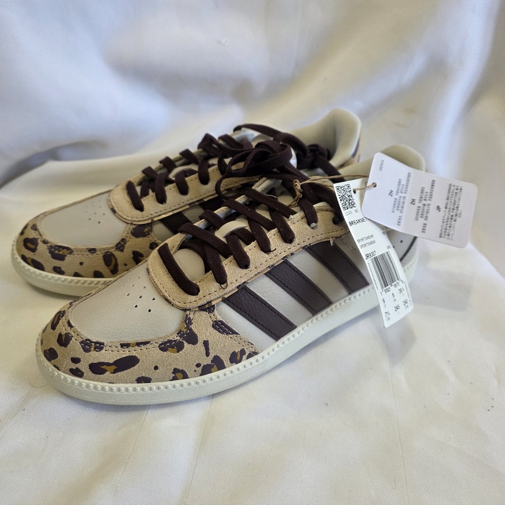 adidas Breaknet Sleek Sneakers with Brown Stripes and Leopard Accents